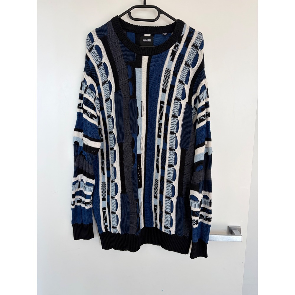 Only & Sons Mens 3D Knit Cotton Sweater Blue Black White Jacquard Crew Neck M